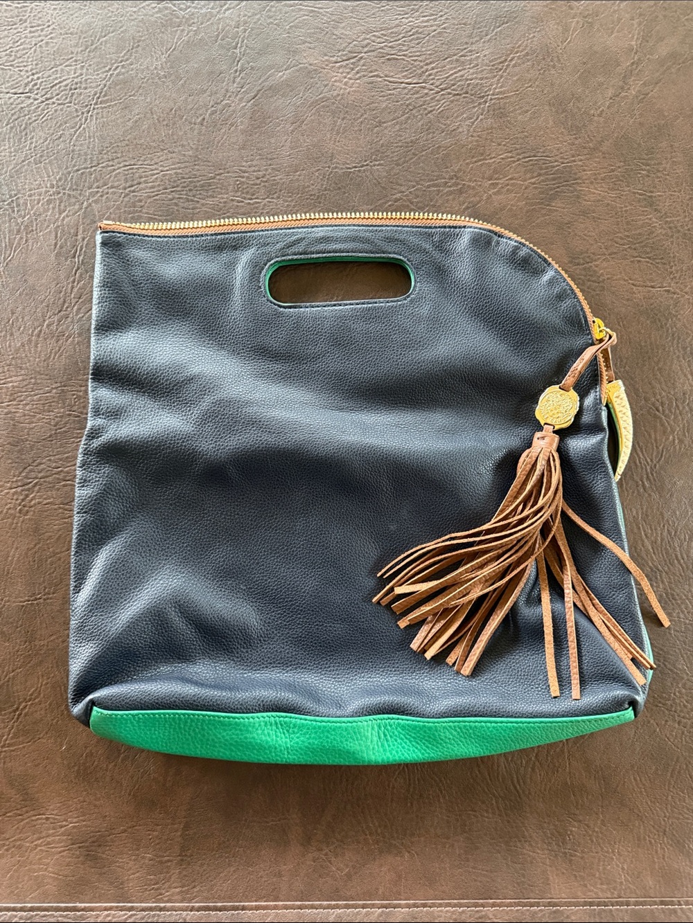 Vince Camuto Reversible Navy Green Leather Handheld Tassel Tote